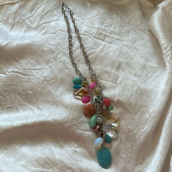 Vibrant Chunky Multicolor Beaded Necklace on Silver Tone Chain - Picture 3 of 3